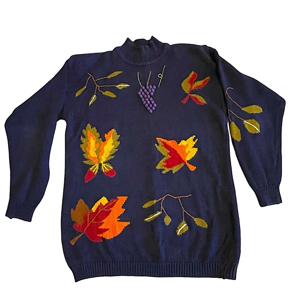Hasting & Smith Vintage Intarsia Sweater Fall Leaves Grapes Cotton Ramie Size M